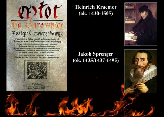 Slajd prezentacji z portretami Heinricha Kramera i Jakoba Springer oraz okładka ich dzieła Młot…