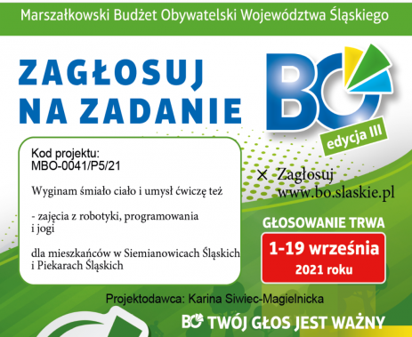 Grafika reklamująca projekt III edycji marszałkowskiego budżetu obywatelskiego. Zadanie "Wyginam…