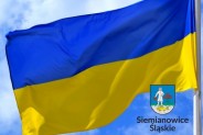 Flaga Ukrainy, w prawym dolnym rogu herb Siemianowic Śląskich