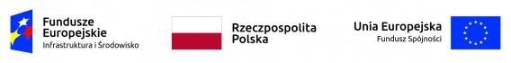 Logo unijne przedstawiające znak Funduszy Europejskich, flagę Polski oraz flagę UE