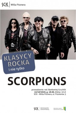 Plakat przedstawia muzyków zespołu Scorpions, twórczości których poświęcone będzie spotkanie z…