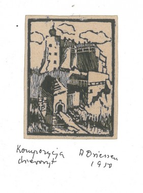 Grafika przedstawia zdjęcie kompozycji – drzeworytu A. Driesen, ukazującego pejzaż miejski