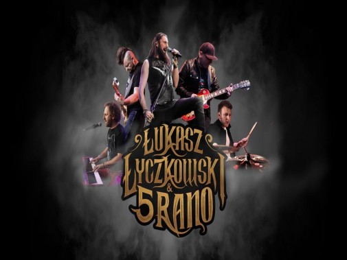 Na czarnym tle logo oraz sylwetki muzyków z zespołu Łukasz Łyczkowski & 5 Rano