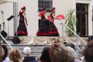 Tancerki flamenco w czarno-czerwonych sukniach w czerwone kwiaty podczas występu z czerwonymi…