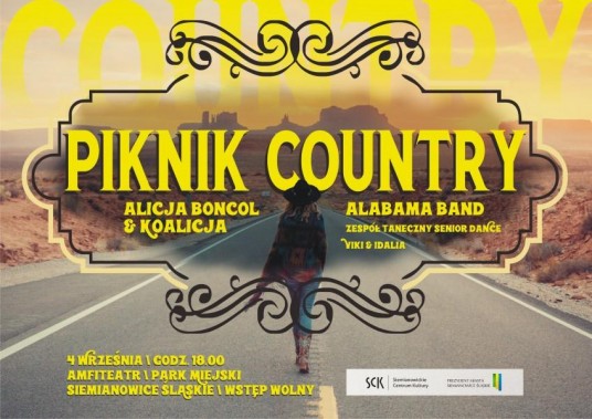 Plakat w odcieniach żółci i szarości na koncert Piknik Country. Stylizowane litery, a w tle droga…