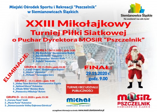 Plakat informujący o organizacji XXIII Mikołajkowego Turnieju Piłki Siatkowej o Puchar Dyrektora…