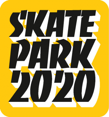 Pamiątkowa Wlepka 2020, czarny napis SKATEPARK 2020 czarny napis z białym cieniem na żółtym tle