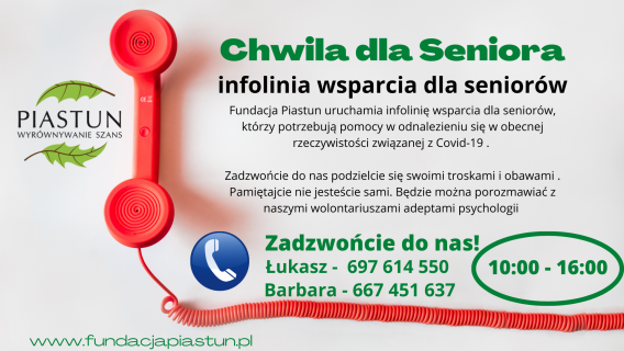 Plakat akcji Fundacji Piastun. Na szarym tle czerwona słuchawka telefoniczna