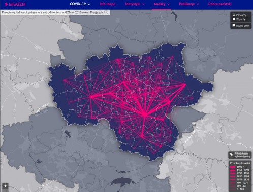 zrzut ekranu przedstawiający mapę przepływów ludności związaną z zatrudnieniem w GZM w 2016 roku…