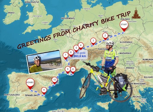 Mapa charytatywnej wyprawy rowerowej.