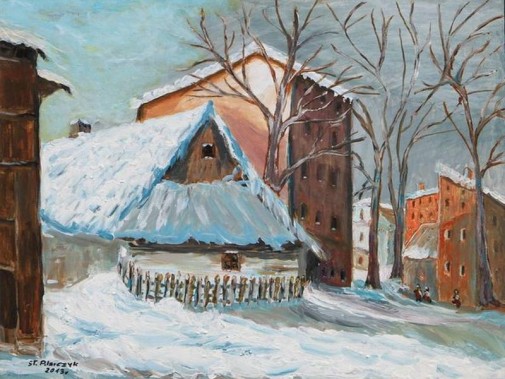 Obraz pana Stanisława Pilarczyka przedstawiający zimę. Widzimy drewnianą chatę na dachu której…