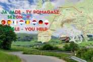 Ja jadę Ty pomagasz - plakat akcji. Mapa Europy z zaznaczoną trasą na tle gór.