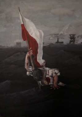 Obraz przedstawiający konającego powstańca z polską flagą na tle śląskiego przemysłowego krajobrazu