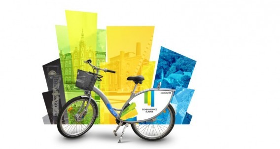 Logo Siemianowickiego Roweru Miejskiego. Na pierwszym planie widoczny rower miejski w tle grafika…