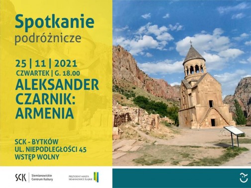 Zdjęcie budowli sakralnej w Armenii. Obok na żółtym tle informacja o kolejnym spotkaniu…