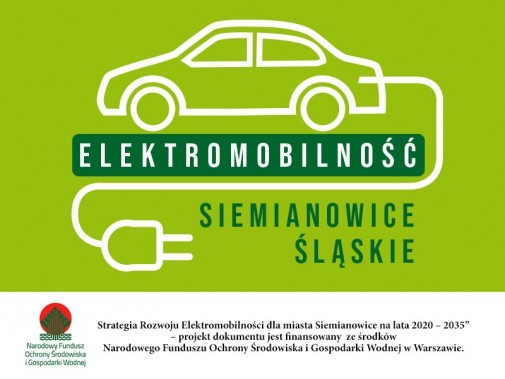Grafika, samochód i wystający przewód elektryczny z wtyczką, napis: Elektromobilność Siemianowice…