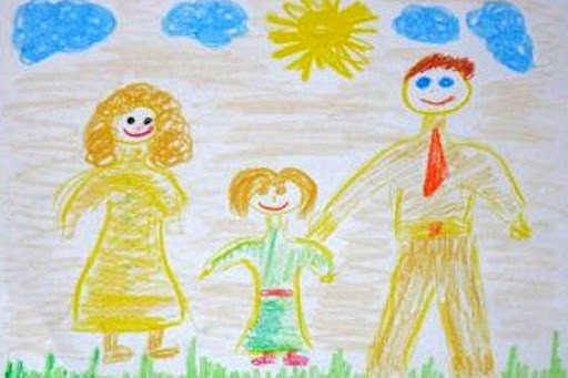 Dziecięcy rysunek przedstawiający  uśmiechnięte dziecko z rodzicami