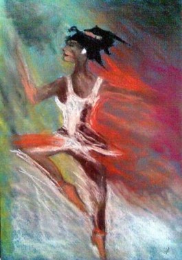 Zdjęcie obrazu przedstawiającego baletnicę – kobietę o długich, czarnych włosach, w białym stroju…