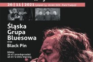 Plakat informujący o koncercie VII Michałkowickie Bluesowanie w Parku Tradycji. Na plakacie…