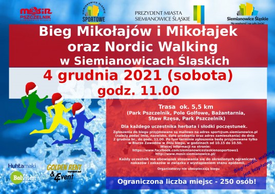 Plakat Bieg Mikołajów i Mikołajek oraz Nordic Walking