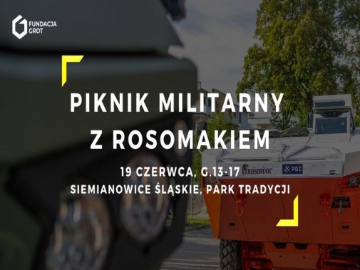 W tle pojazdy bojowe Rosomak, na pierwszym planie biały napis z nazwą i miejscem imprezy.