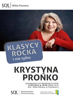 Afisz na spotkanie z twórczością Krystyny Prońko. Na zdjęciu wokalistka siedzi w czerwonym…