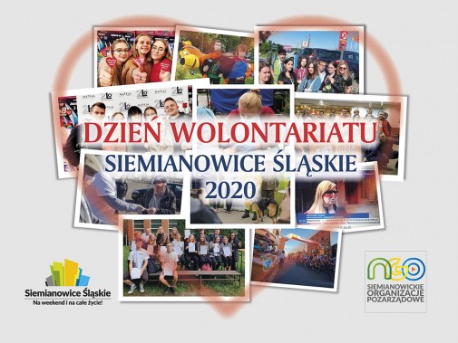 Plakat na Dzień Wolontariatu - serce wypełnione zdjęciami wolontariuszy