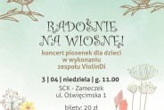 Plakat informacyjny Koncertu Radośnie na wiosnę z grafikami ptaszków i kolorowych kwiatów