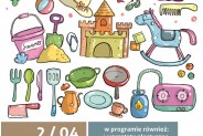 Plakat informacyjny Kiermasz zabawek z grafikami zabawek dziecięcych