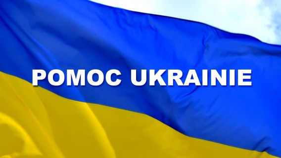 Flaga Ukrainy z napisem POMOC UKRAINIE