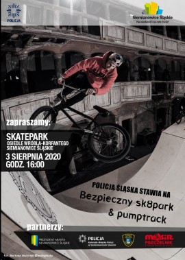 Plakat Akcji Bezpieczny Sk8park przedstawiający młodego rowerzystę skaczącego z przeszkody