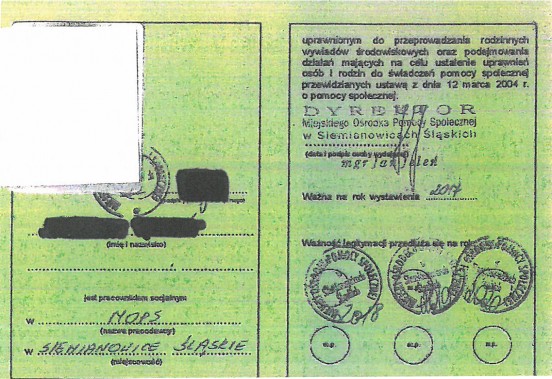 Wzór legitymacji pracownika Miejskiego Ośrodka Pomocy Społecznej w Siemianowicach Śląskich.