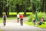 Alejki pieszo-rowerowe w Parku Górnik, jest chwila na odpoczynek na ławce.