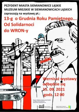 Na plakacie biało, czerwono, czarna grafika przedstawiająca portret Lecha Wałęsy i pomnik przy…