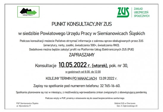 Plakat informujący o konsultacjach ZUS.
