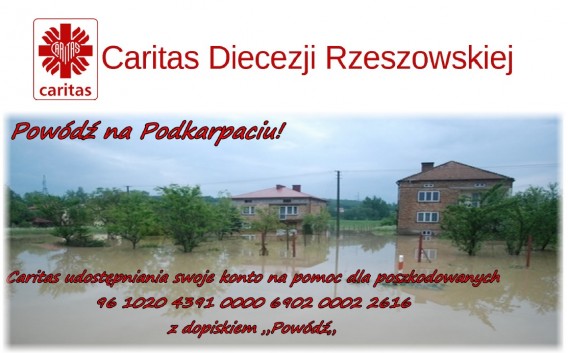 Plakat Caritas, apelujący o pomoc dla powiodzian przedstawiający skutki powodzi