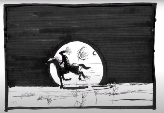 Grafika będąca stopklatką animacji przedstawia hrabinę na koniu, na tle księżyca