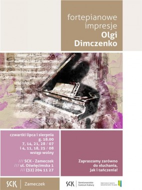 Plakat zapraszający na cykl koncertów Fortepianowe impresje Olgi Dimczenko. Na zdjęciu czarny…