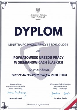 Dyplom uznania dla pracowników Powiatowego Urzędu Pracy w Siemianowicach Śląskich.