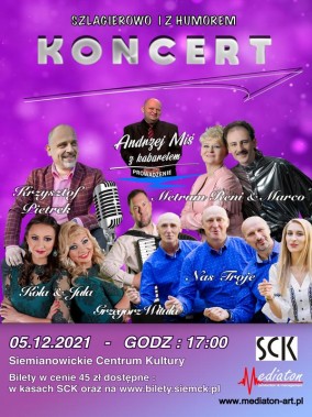 Plakat na koncert Szlagierowo i z humorem. Na fioletowym tle sylwetki muzyków, którzy wystąpią…