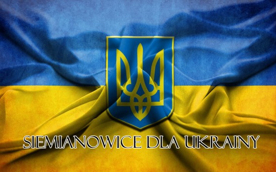 Flaga Ukrainy z napisem Siemianowice dla Ukrainy