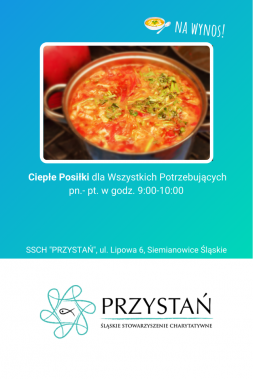 Plakat: na niebieskim tle garnek z zupą pomidorową
