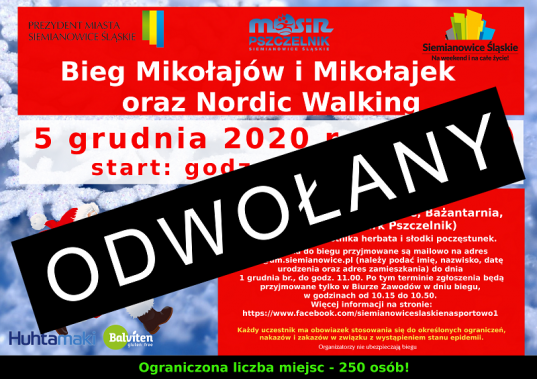 Plakat informujący o odwołaniu Biegu Mikołajów i Mikołajek oraz Nordic Walking