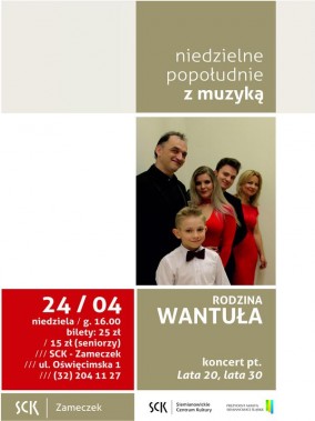 Na plakacie zdjęcie rodziny Wantuła w strojach galowych. Obok na czerwonym tle info o imprezie
