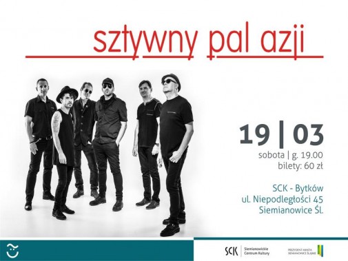 Na plakacie zapraszającym na koncert członkowie zespołu Sztywny Pal Azji stoją ubrani w czarne…