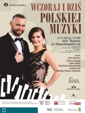 Plakat koncertu Wczoraj i dziś polskiej muzyki. Na zdjęciu dwoje solistów - kobieta i mężczyzna z…