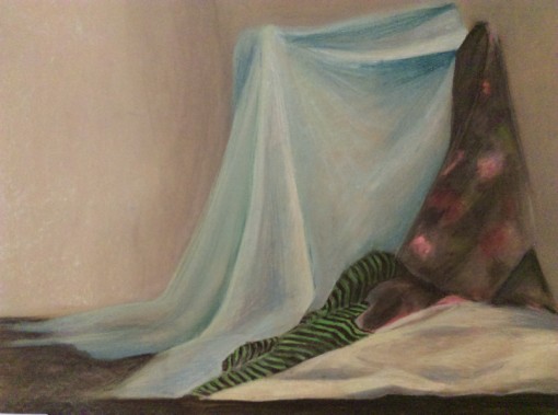 Zdjęcie przedstawia realistyczny rysunek martwej natury wykonany suchymi pastelami