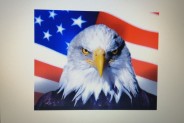 Głowa orła na tle amerykańskiej flagi