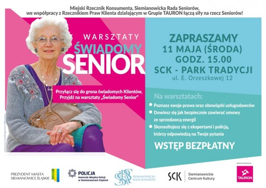 Plakat zapraszający na warsztaty "Świadomy Senior"
