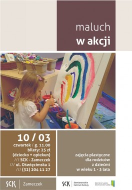 Plakat informacyjny ze zdjęciem dziecka przy sztaludze malującego kolorowe łuki